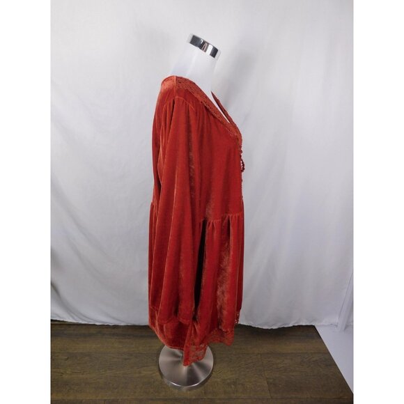 Rusttydustty Dress Womens 2XL Rust Velvet Boho Lace Trim Long Sleeve V Neck - Picture 6 of 11